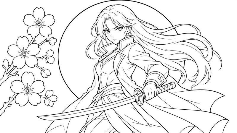 Anime World Coloring Book: a swordswoman with long flowing hair under a full moon and cherry blossoms
